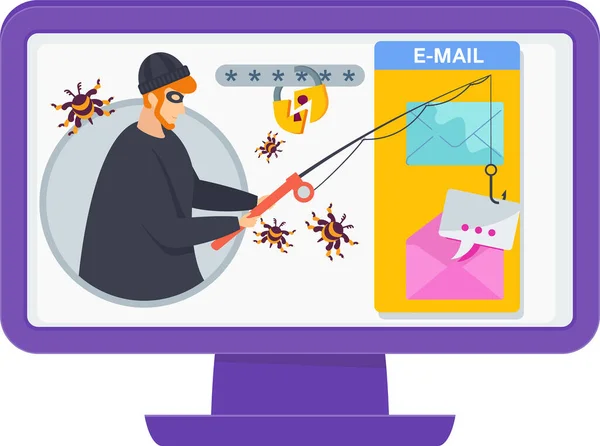 Hacker Saldırısı Elinde Olta Olan Bir Bilgisayar Korsanı Posta Hackleme — Stok Vektör