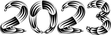 2023 New Year. Decorative brush numbers. Art lettering. Creative text for a greeting cards. Calendar header template.