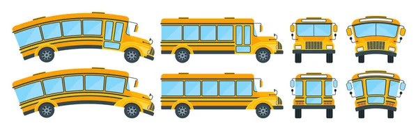 Set Yellow School Bus Side Front Back View Transporting Schoolchildren — Vector de stock