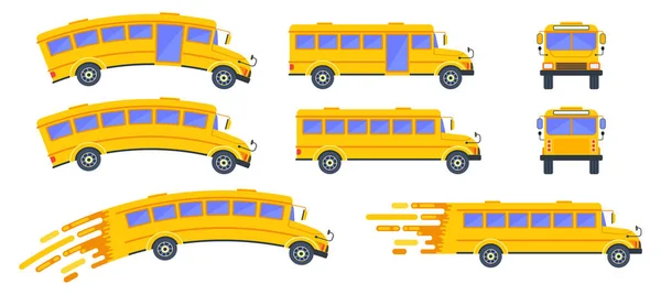 Set Yellow School Bus Side Front Back View Transporting Schoolchildren — Image vectorielle