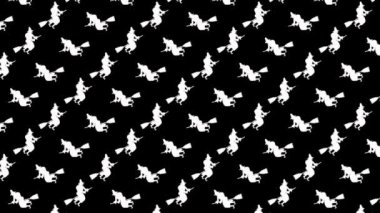 Süpürge desenli animasyonda döngülü cadı. Cadılar Bayramı 'nda reklam ve promosyon geçmişi. 2d Düz Çizgi Film Canlandırması.