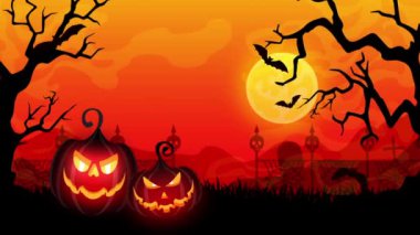 Cadılar Bayramı arka plan animasyonu. Korkunç mezarlık balkabakları, büyük uğursuz ay, ürkütücü kuru ağaçlar, uçan yarasalar. Kanalda başlık, giriş, küçük resim için Halloween Stock Görüntüsü.