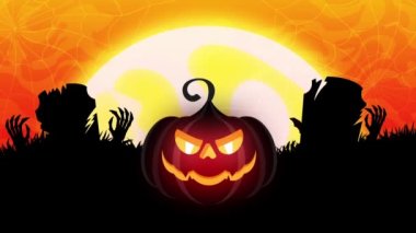 Cadılar Bayramı arka plan kabak ayı animasyonu. Ürkütücü kuru ağaçları ve uçan yarasaları olan korkunç bir mezarlık. Kanalda başlık, giriş, küçük resim için Halloween Stock Görüntüsü.