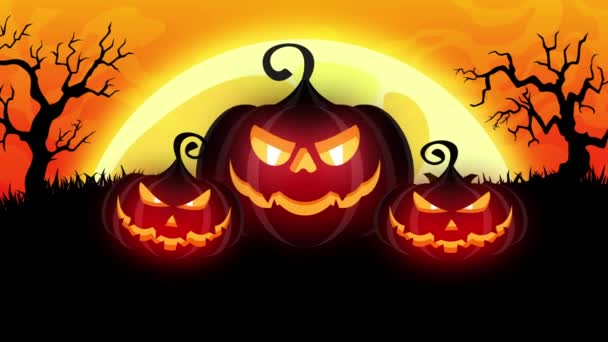 Animazione Sfondo Zucche Halloween Cimitero Spaventoso Grande Luna Minacciosa Alberi — Video Stock