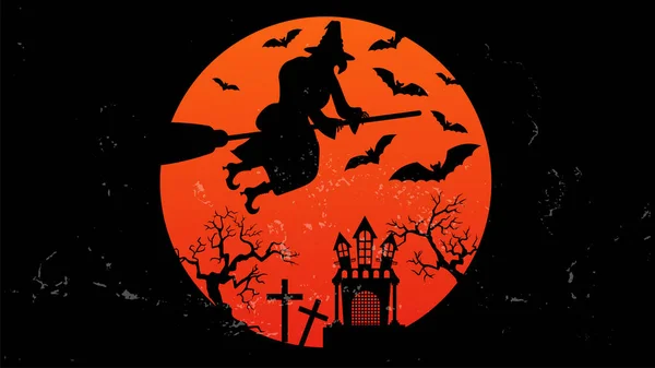 Adesivo Halloween Halloween Rotondo Strega Una Scopa Vola Una Casa — Vettoriale Stock