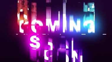 Modern parlak neon yakında metin yer değiştirme animasyonu geliyor. Arızalı blok retro TV fütüristik video görüntüleri.