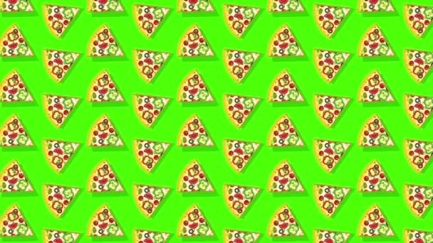 Pizza Kawałki Pizzy Zielonym Tle Pętla Płaskiej Animacji Tło Dla — Wideo stockowe
