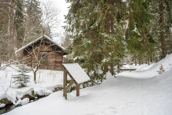 Forêt enneigée d'hiver dans un paysage de montagne avec un ruisseau et un chalet — Photo