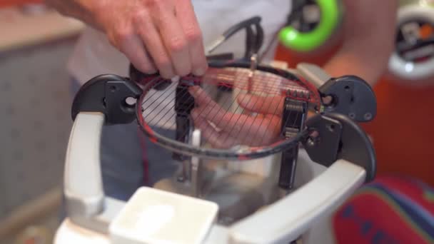 Ремонт и ткачество бадминтонной ракетки — стоковое видео