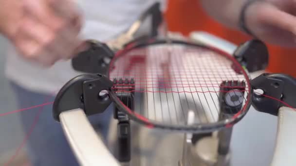 Encordado manual de una raqueta de bádminton en servicio — Vídeos de Stock