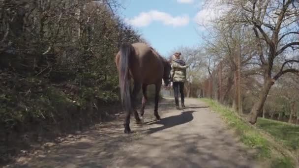 Wanita memimpin kuda melalui desa — Stok Video