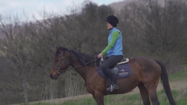 Young woman rides a horse in the wild — Stock Video