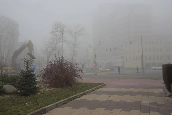 Sonbahar kenti sokaklarında sisli bir sabah