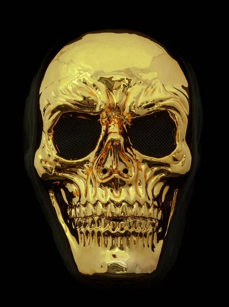 Máscara Crânio Com Capuz Metálico Dourado Isolado Contra Fundo Preto — Fotografia de Stock