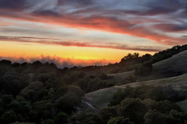 美国加利福尼亚州圣马特奥县通过俄罗斯岭保护区在圣克鲁斯山脉上空的戏剧性落日 — 图库照片