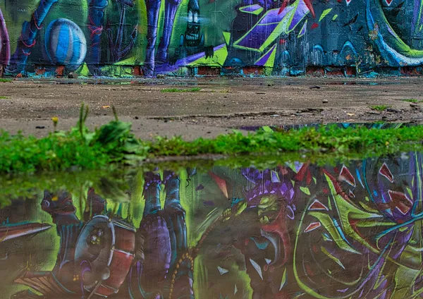 Graffiti Wall Reflected Puddle Ground Level View — Stock Photo, Image