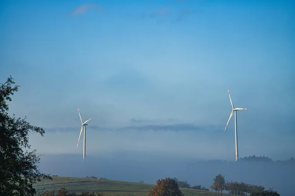 Windmill Foggy Landscape Renewable Energy Environmentally Conscious Future Power Generation — Stock Photo, Image