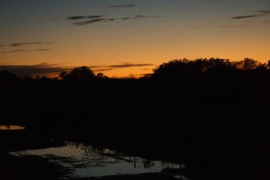 Berlin 'in varoşlarında güneş batıyor. Gökyüzü yanıyor gibi görünüyor. Romantik akşam gökyüzü.