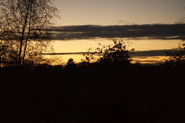 Ηλιοβασίλεμα Φλεγόμενο Ουρανό Πίσω Από Δέντρα Έντονα Ζεστά Χρώματα — Φωτογραφία Αρχείου