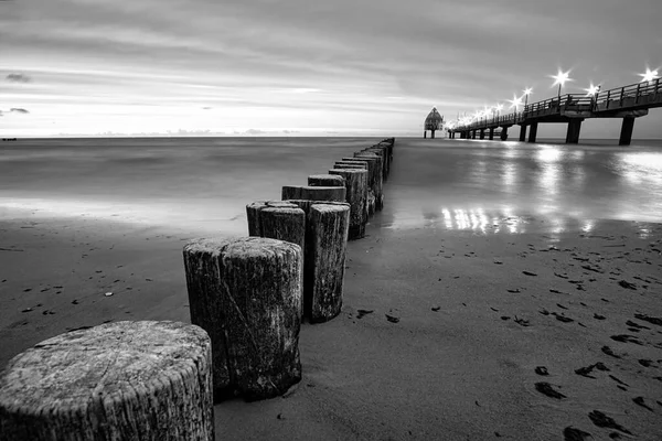 Pier Zingst Baltic Sea Long Exposure Black White Seaside Attraction — Stock Photo, Image