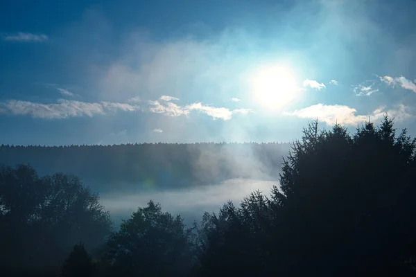Sonnenaufgang Bei Nebel Den Frühen Morgenstunden Mystische Atmosphäre Saarland Schöner — Stockfoto