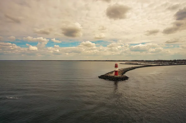 Lighthouse Rostock Harbor Departure Ship Scandinavia Calm Baltic Sea Clouds — Stockfoto