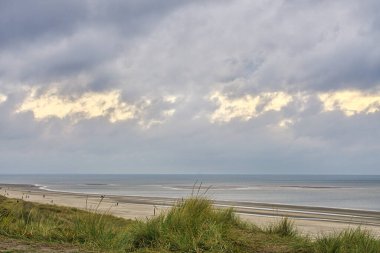 Danimarka 'nın Blavand sahilinde denize dökülen taş Groynes. Yapı açısından zengin taş çizimleri. Peyzaj fotoğrafı
