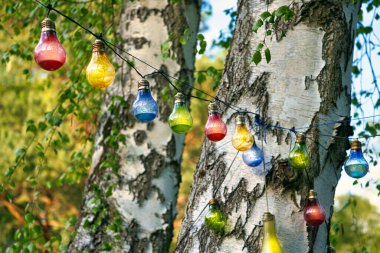 Ağaçta asılı ışık dizisi. Bahçe partisi. Romantik bir yer. Renkli ampuller. Akşam atmosferi, şenlik havası. Hafta sonu, tatil veya her gün bahçede dinlenmek..