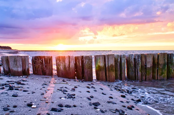 Groynes Jutting Sea Sunset Beach Stones Foreground Taken Zingst Darss — Stock fotografie