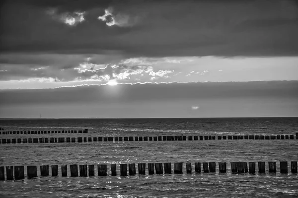 Zachód Słońca Czerni Bieli Plaży Morza Bałtyckiego Groynes Wystający Morza — Zdjęcie stockowe
