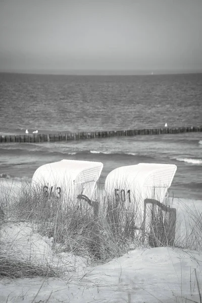 Zingstのバルト海のビーチで黒と白のビーチチェア 青い空と海によるレクリエーション 砂と自然の波 ドイツからの風景写真 — ストック写真
