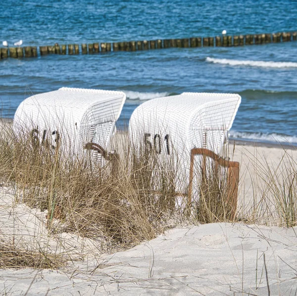 Krzesło Plażowe Plaży Morza Bałtyckiego Zingst Słońce Błękitne Niebo Rekreacja — Zdjęcie stockowe