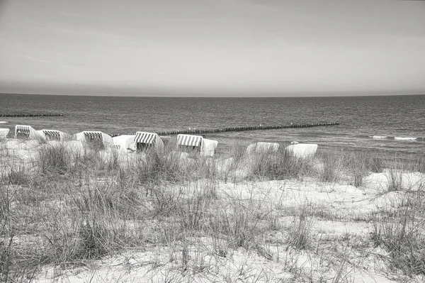 Krzesła Plażowe Czerni Bieli Plaży Zingst Nad Morzem Bałtyckim Wakacje — Zdjęcie stockowe