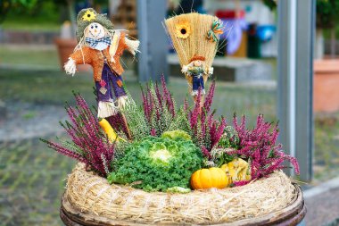Bölgenin meyve ve sebzeleriyle sonbahar dekorasyonu. Geleneksel hasat festivali ayrıntılı el işi sanatı.