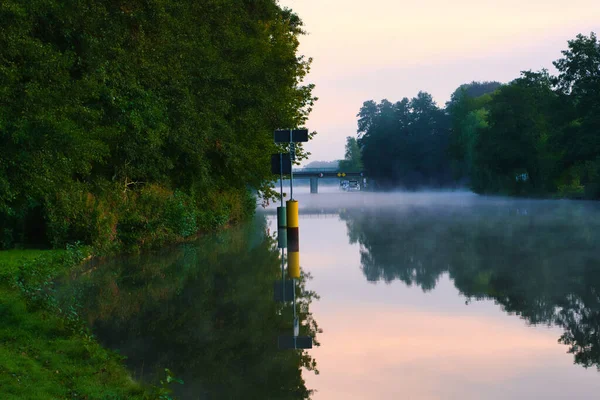 Sunrise Dawn Fog River Warm Light Atmosphere Landscape Shot Nature — ストック写真