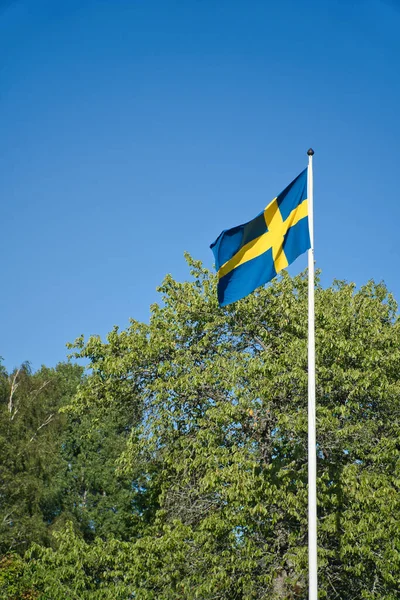 Sweden Flag Flagpole Farm Front Tree Smalland Blue Yellow Flag — Stock Photo, Image