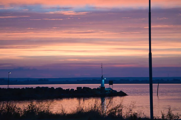 Sonnenuntergang Schweden Hafen Von Vaettern Leuchtturm Hintergrund Der Dämmerung Landschaft — Stockfoto