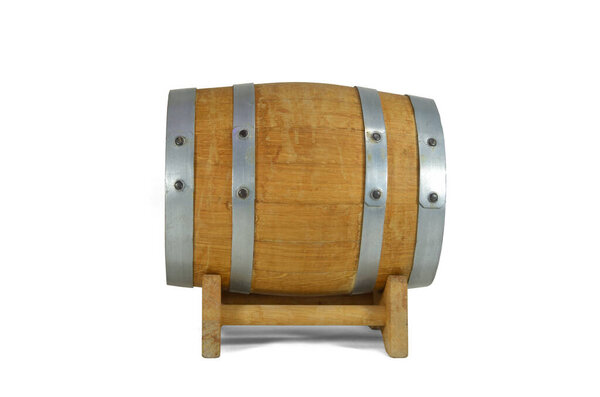 Oak barrel with a volume of 5 liters on a stand, isolated on a white background.