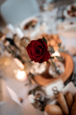 Güzel kırmızı gül düğün masasında, aşkım. 