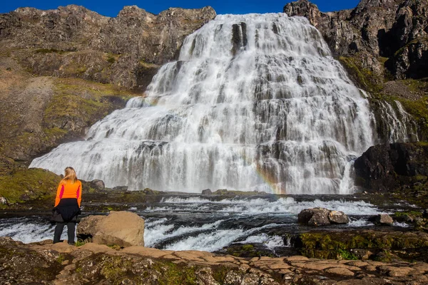 Водоспад Диньянді Веселкою Ісландії Західні Фіорди Неймовірний Водоспад Подорож Любові — стокове фото