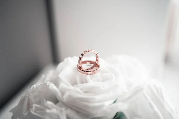 Gyönyörű Jegygyűrűk Fehér Virágokon Esküvő Napján — Stock Fotó