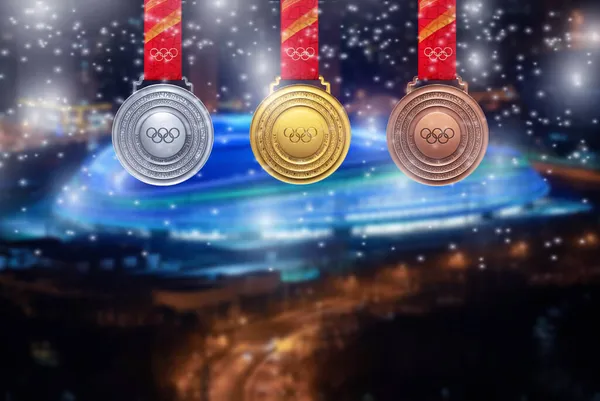 Olimpiyat Stadyumu Ulusal Hız Pateni Salonu, Buz Kurdelesi ile madalyanın silueti. 2022 Pekin, Çin ya da kış turnuvası için Olimpiyat Oyunları 'nın arkaplan fotoğrafı. 