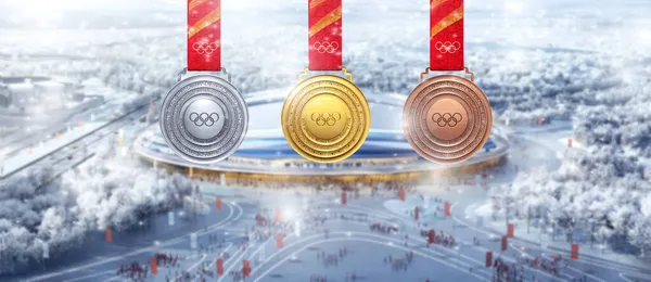 Olimpiyat Stadyumu Ulusal Hız Pateni Salonu, Buz Kurdelesi ile madalyanın silueti. 2022 Pekin, Çin ya da kış turnuvası için Olimpiyat Oyunları 'nın arkaplan fotoğrafı. 