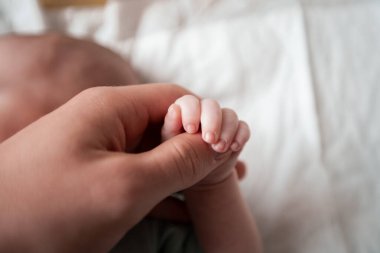 Anne yeni doğmuş bebeğini kucağında tutuyor. Aile sıcaklığı kavramı, sevgi dolu bebek ve anne, kürtaj karşıtı fotoğraf, anne ve bebek arasındaki aşk, yeni hayat, aile.