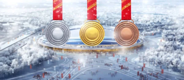 11月 22歳 2021 冬のオリンピック北京2022のすべてのスポーツのオリンピックスポーツ ピクトグラム アイコンとシンボル中央に金 青銅メダル — ストック写真