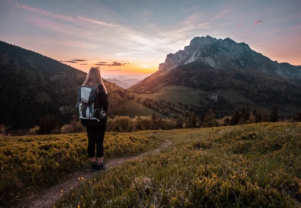 Dişi / kız dağlarda gün batımını seyrediyor ve hayatın, özgürlüğün, doğa yürüyüşünün ve seyahatin tadını çıkarıyor, güzel arka plan görüntüsü, tatilden manzara, Büyük Rozsutec, Küçük Fatra, Slovakya