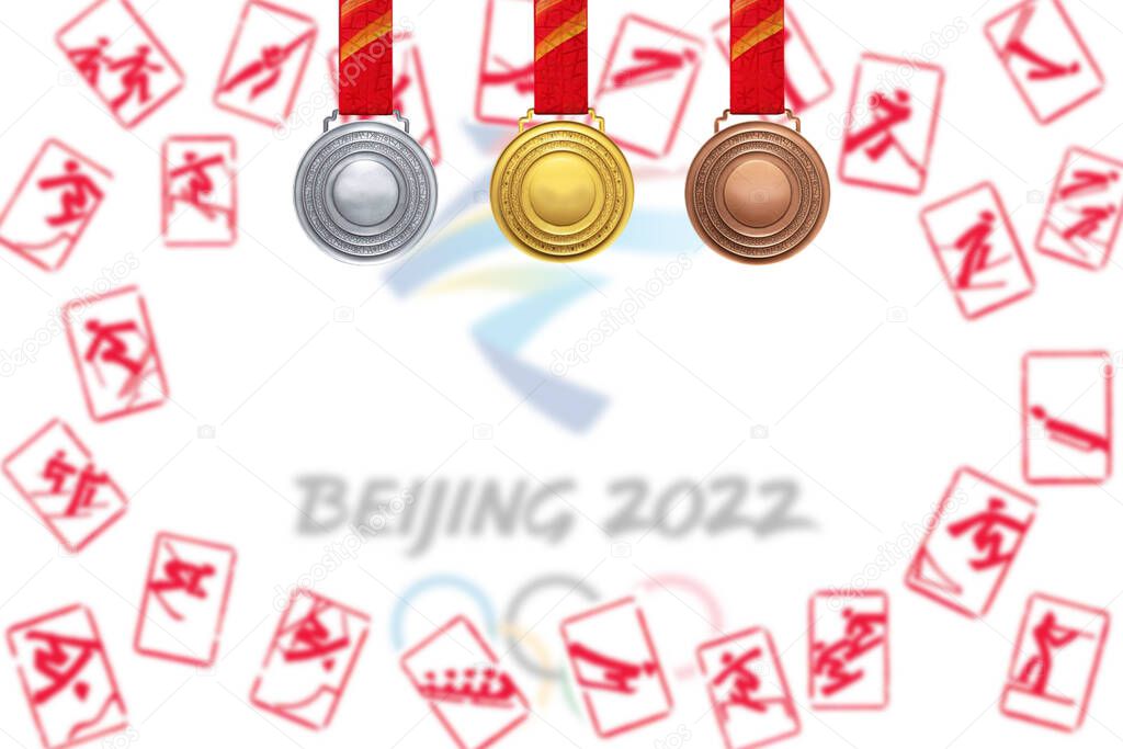 BEIJING, CHINA - NOVEMBER. 27. 2021: olympic sports, pictograms, icons and symbols of all sports in winter olympic games Beijing 2022 with gold, silver and bronze medals in the middle
