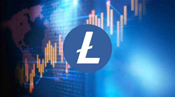 Foto Vicino Bitcoin Litecoin Criptovaluta Piedi Sopra Sfondo Con Grafico — Foto Stock