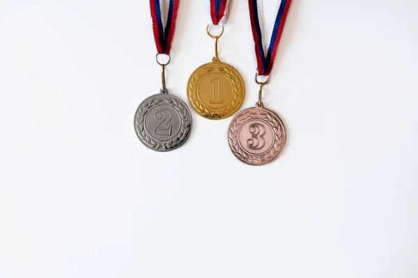 Gouden Zilveren Bronzen Medailles Met Cijfers Witte Geïsoleerde Achtergrond Voor — Stockfoto