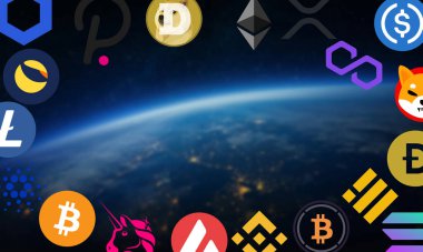 Siyah arka planda kripto para logoları, kriptomens, İş ve Finans, Gelecek Finans, Engelleme zinciri, Bitcoin, Ethereum, Binance Coin